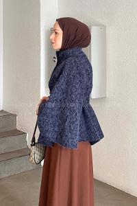 Navy Blue Mandarin Collar Stamp Fabric Poncho