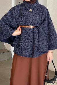 Navy Blue Mandarin Collar Stamp Fabric Poncho