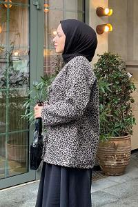 Lamelif Önü Bağlamalı Leopar Desenli Kimona Soft Kahve