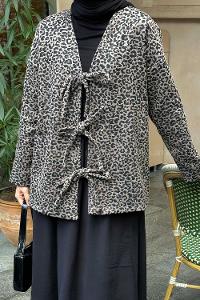 Lamelif Önü Bağlamalı Leopar Desenli Kimona Soft Kahve