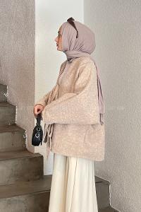 Beige Long Arm Stamp Fabric Kimono