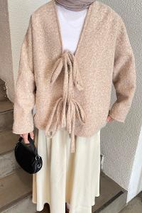 Beige Long Arm Stamp Fabric Kimono