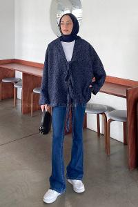 Navy Blue Long Arm Stamp Fabric Kimono