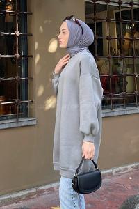 Lamelif  Üç İplik Balon Kol Tunik Gri