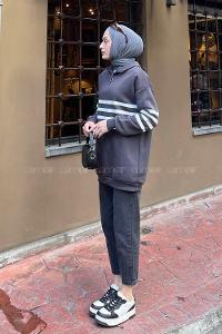 Lamelif Yarım Fermuarlı Sweatshirt Tunik Füme