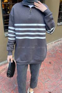 Lamelif Yarım Fermuarlı Sweatshirt Tunik Füme