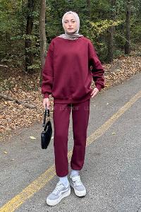 Lamelif Bisiklet Yaka Ribanalı İkili Eşofman Tesettür Takım Bordo