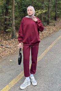 Lamelif Bisiklet Yaka Ribanalı İkili Eşofman Tesettür Takım Bordo