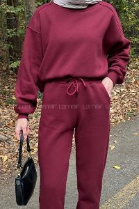 Lamelif Bisiklet Yaka Ribanalı İkili Eşofman Tesettür Takım Bordo
