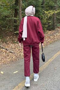 Lamelif Bisiklet Yaka Ribanalı İkili Eşofman Tesettür Takım Bordo