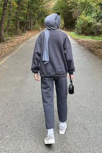 Lamelif Bisiklet Yaka Ribanalı İkili Eşofman Tesettür Takım Füme