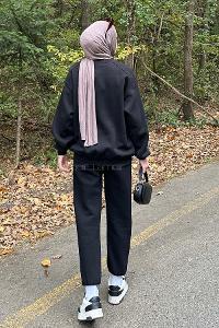 Lamelif Bisiklet Yaka Ribanalı İkili Eşofman Tesettür Takım Siyah