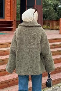 Lamelif Biye Detaylı Tedy Peluş Mont Haki