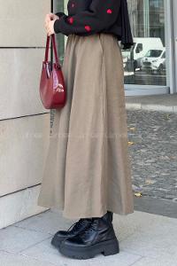 Lamelif Cep Detaylı Keten Kloş Etek Koyu Yeşil