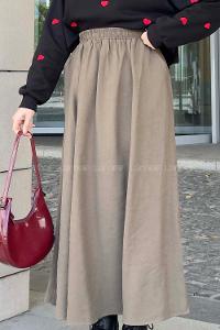 Lamelif Cep Detaylı Keten Kloş Etek Koyu Yeşil