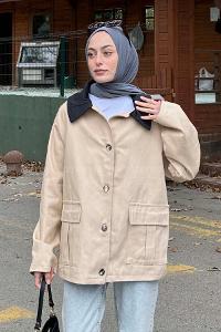 Lamelif Yaka Detaylı Düğmeli Gabardin Ceket Vizon