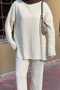 Lamelif Saç Örgülü Triko Tesettür Takım Ekru