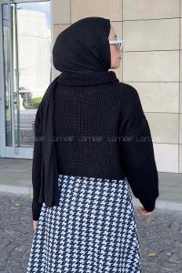 Lamelif Yaka Fermuarlı Crop Triko Kazak Siyah