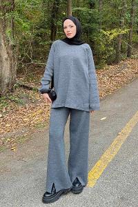 Lamelif Basic Pantolon Önü Yırtmaçlı Triko Tesettür Takım Gri