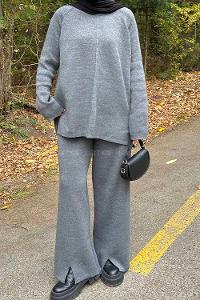 Lamelif Basic Pantolon Önü Yırtmaçlı Triko Tesettür Takım Gri