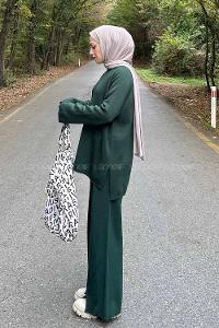 Lamelif Basic Pantolon Önü Yırtmaçlı Triko Tesettür Takım Haki