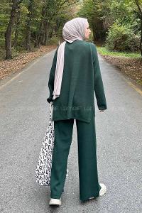 Lamelif Basic Pantolon Önü Yırtmaçlı Triko Tesettür Takım Haki
