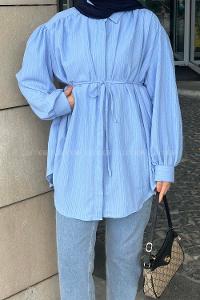 Lamelif Gizli Düğme Kapama Tunik Gömlek Mavi