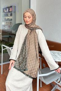 Lamelif G Desen Kaşmir Çift Taraflı Şal Haki Camel