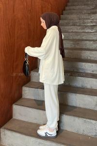 Lamelif Kapüşonlu Paça Lastikli Oysho Tesettür Takım Ekru