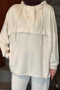 Lamelif Kapüşonlu Paça Lastikli Oysho Tesettür Takım Ekru