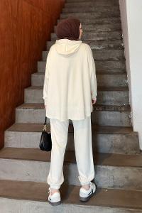 Lamelif Kapüşonlu Paça Lastikli Oysho Tesettür Takım Ekru