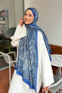 Lamelif Retro Desen Pamuk Şal İndigo