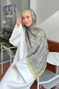 Lamelif Retro Desen Pamuk Şal Yağ Yeşili