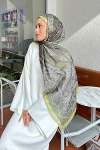 Lamelif Retro Desen Pamuk Şal Yağ Yeşili