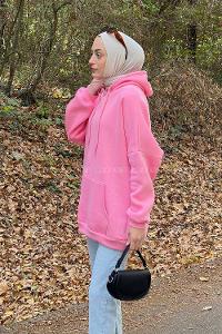 Lamelif Üç İplik Kanguru Cep Sweatshirt Pembe
