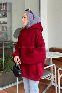 Lamelif Kapüşonlu Salaş Sweatshirt Bordo