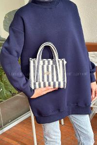 Lamelif Çizgili Kanvas Mini Kadın Çanta Lacivert