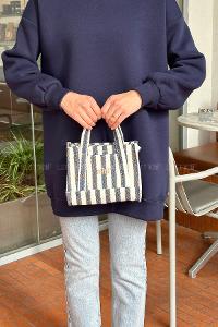 Lamelif Çizgili Kanvas Mini Kadın Çanta Lacivert