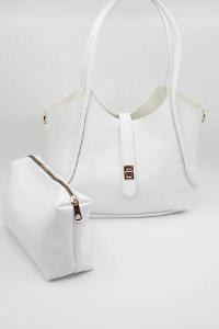 Lamelif Kilit Detaylı Kanguru El Ve Omuz Çantası Yavru Çantalı Kadın Beyaz