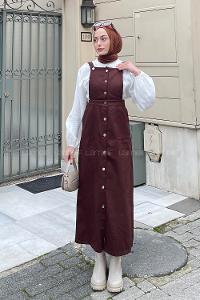 Lamelif Önü Boydan Düğmeli Salopet Acı Kahve