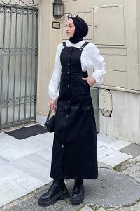 Lamelif Önü Boydan Düğmeli Salopet Siyah