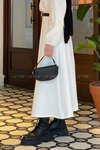 Lamelif Scuba Kumaş Kloş Etek Beyaz