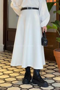 Lamelif Scuba Kumaş Kloş Etek Beyaz