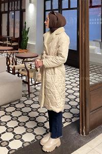 Lamelif Yakası Suni Kürklü Bel Kuşaklı Mont Taş