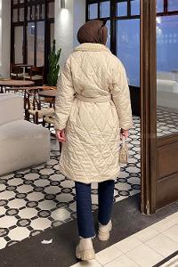 Lamelif Yakası Suni Kürklü Bel Kuşaklı Mont Taş