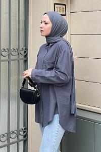 Tek Cep Oversize Gömlek Metalik Gri
