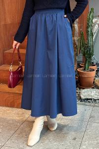Lamelif Cep Detaylı Kloş Keten Etek Koyu Mavi