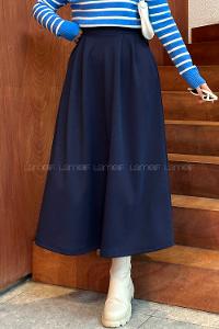 Lamelif Önü Pileli Scuba Kumaş Etek Lacivert