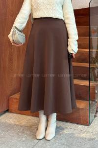 Lamelif Scuba Kumaş Kloş Etek Kahverengi