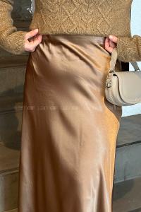 Lamelif Düz Saten Çan Etek Soft Kahve